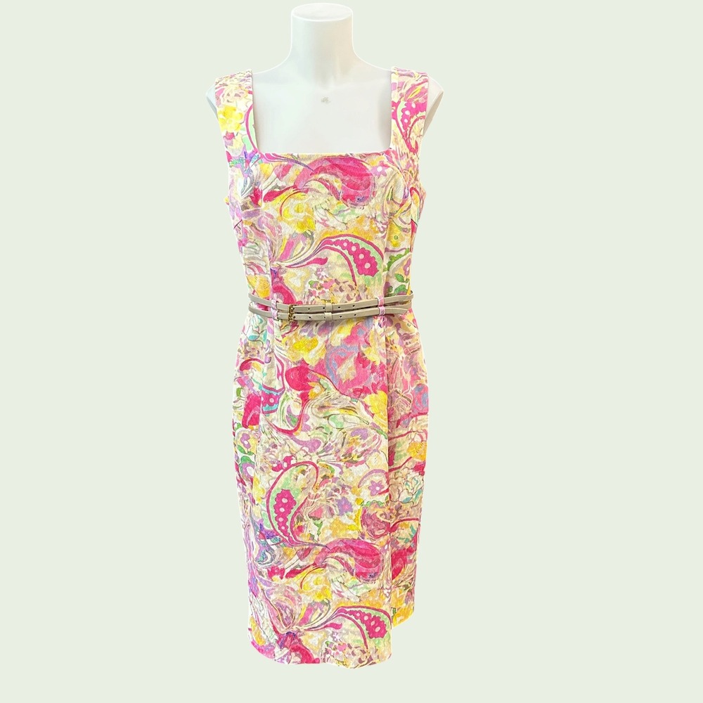 Escada x Neiman Marcus Square Neck ALine Midi Dress Pink Multi Paisley US 10